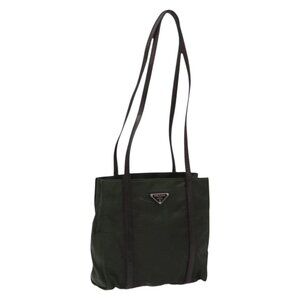 Authentic PRADA Shoulder Bag Nylon Leather Khaki Silver